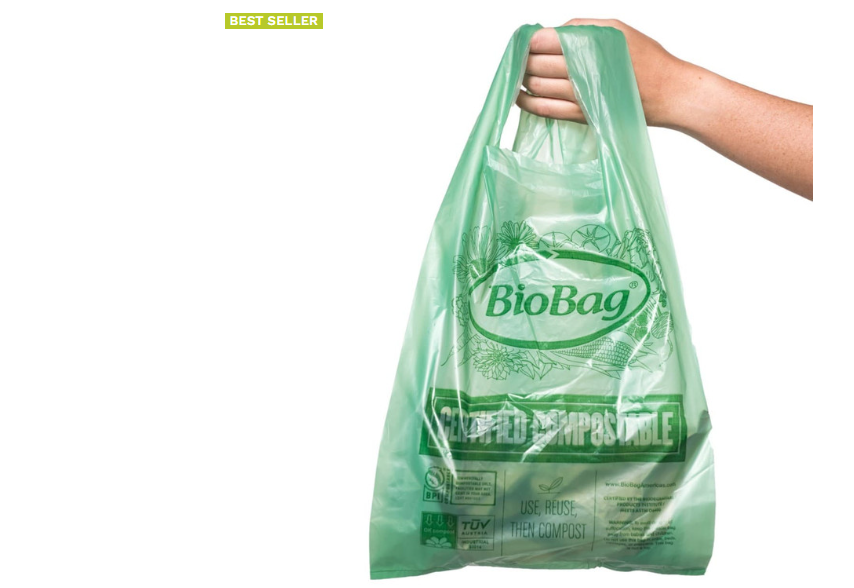 Small green compostable grocery bag with handles